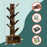 Tree Bookshelf - 6 Shelf Retro Floor Standing Bookcase, Tall Wood Book Storage Rack for CDs/Movies/Books