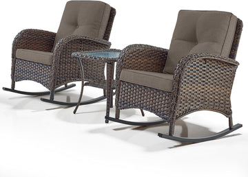Wicker Porch Rocking Chairs - 3 Pieces Patio Bistro Set High Back Outdoor Rocker Chairs Set with Side Table for Deck