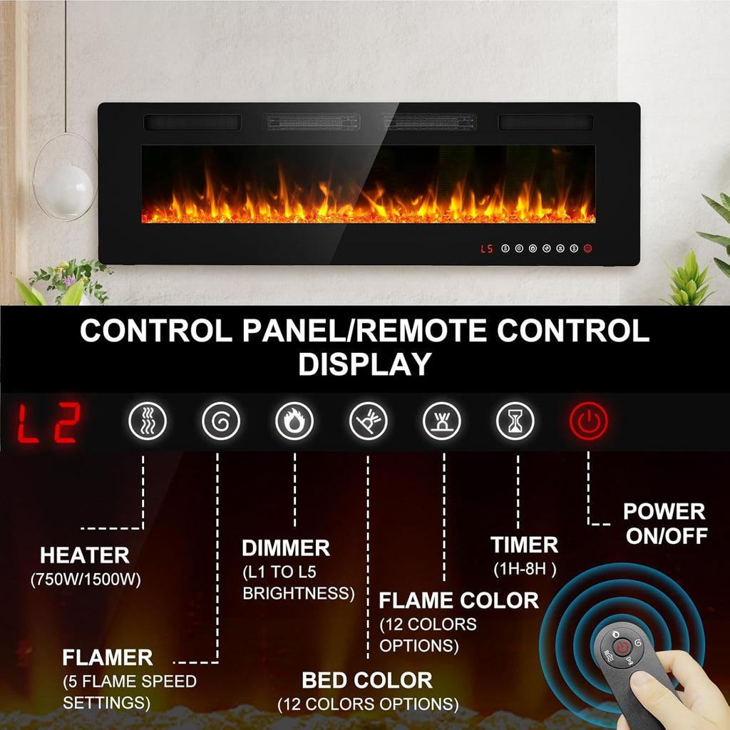 60" Ultra Thin Electric Fireplace Insert-ETL Certified, Recessed/Wall Mount, 3D Flame with Crystal