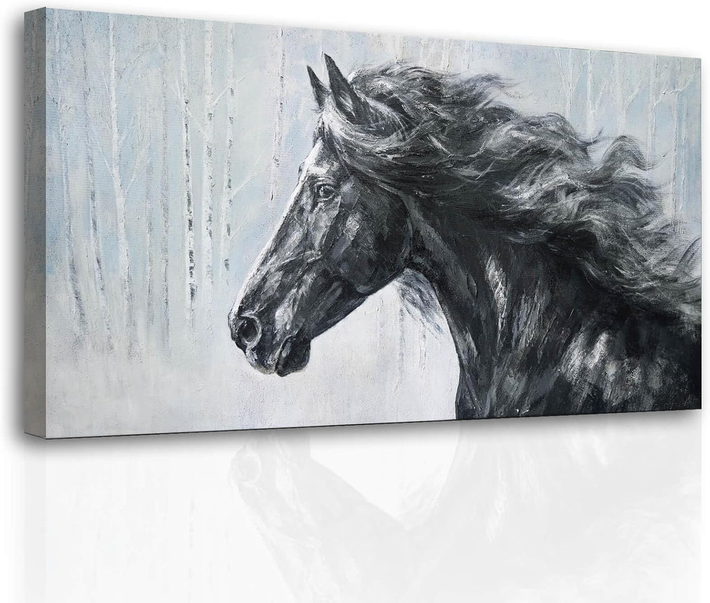 Extra Wide Panoramic Horse Canvas Wall Art, Black and White Equine Portrait Artwork, Misty Birch Forest, Rustic