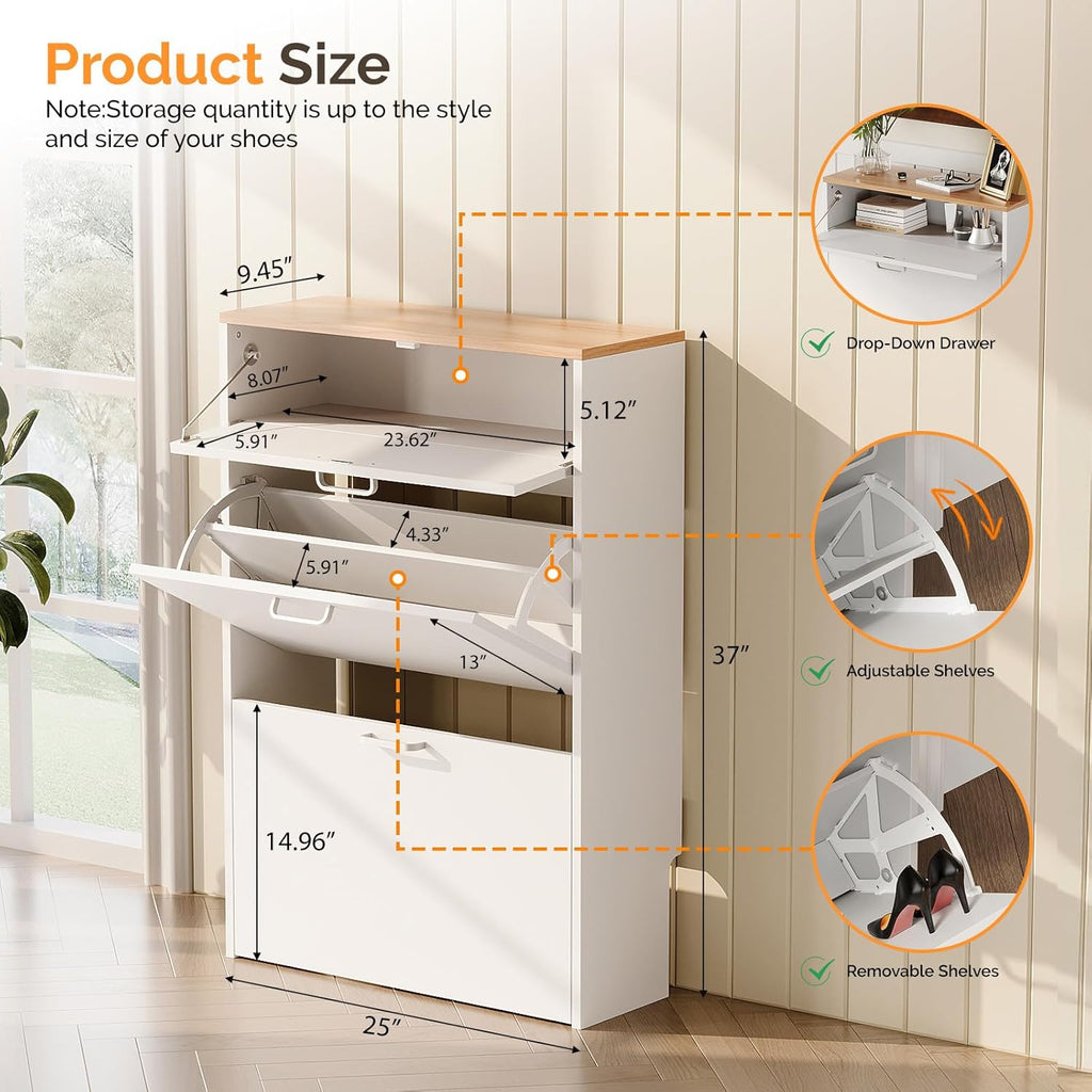 Shoe Cabinet Storage Ultra Slim with 2 Flip &1Drop-Down Drawers, 24.8" W Narrow Shoe Cabinet for Front Door
