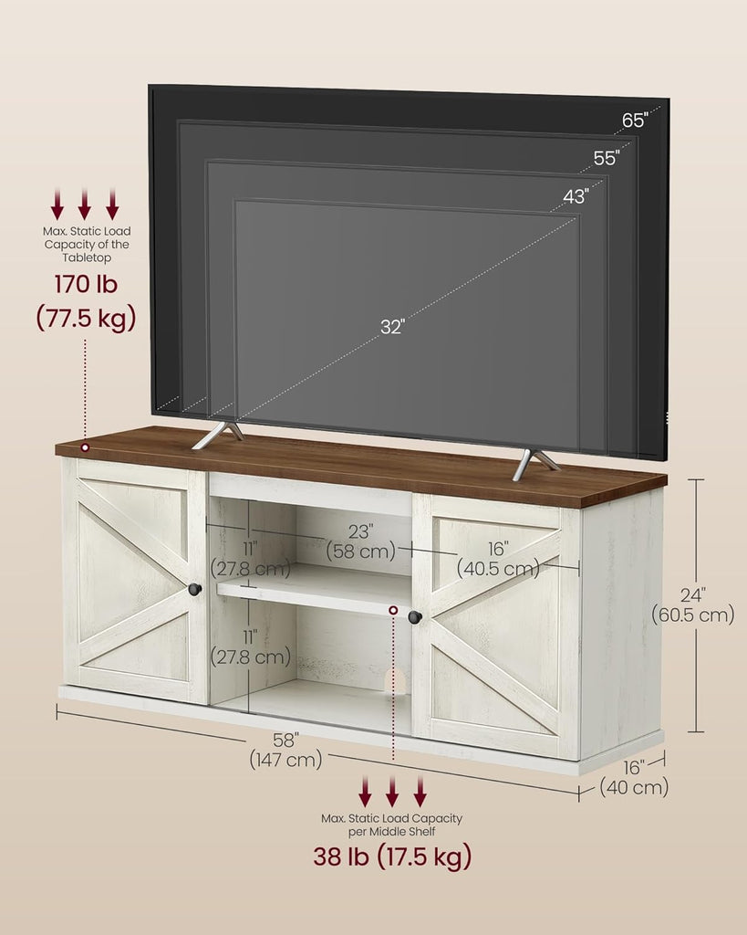 Farmhouse TV Stand for TVs up to 65 Inches, Entertainment Center with Storage Cabinets and Sliding Barn Doors, Media