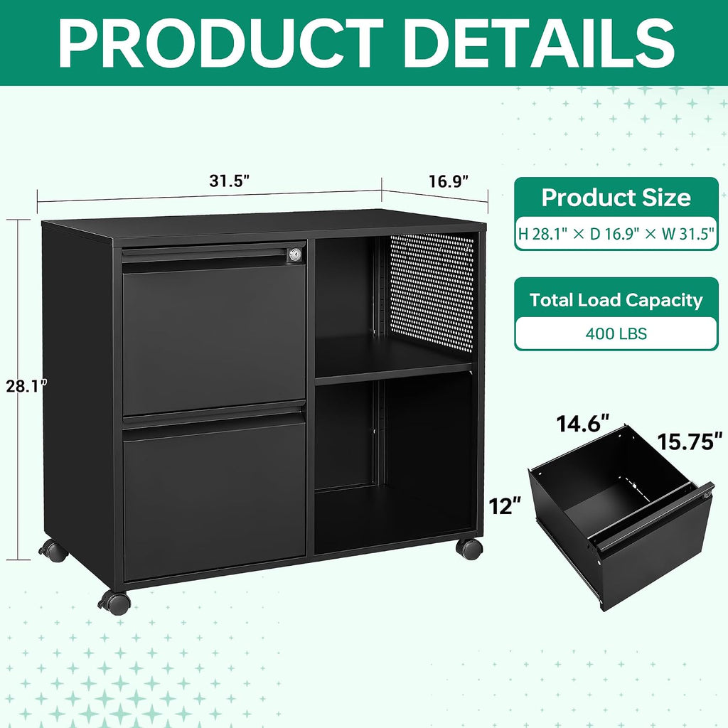 Mobile File Cabinet, Metal Lateral Rolling Printer Stand Filing Cabinets with Shelves -Storage A4/F4 (Black)