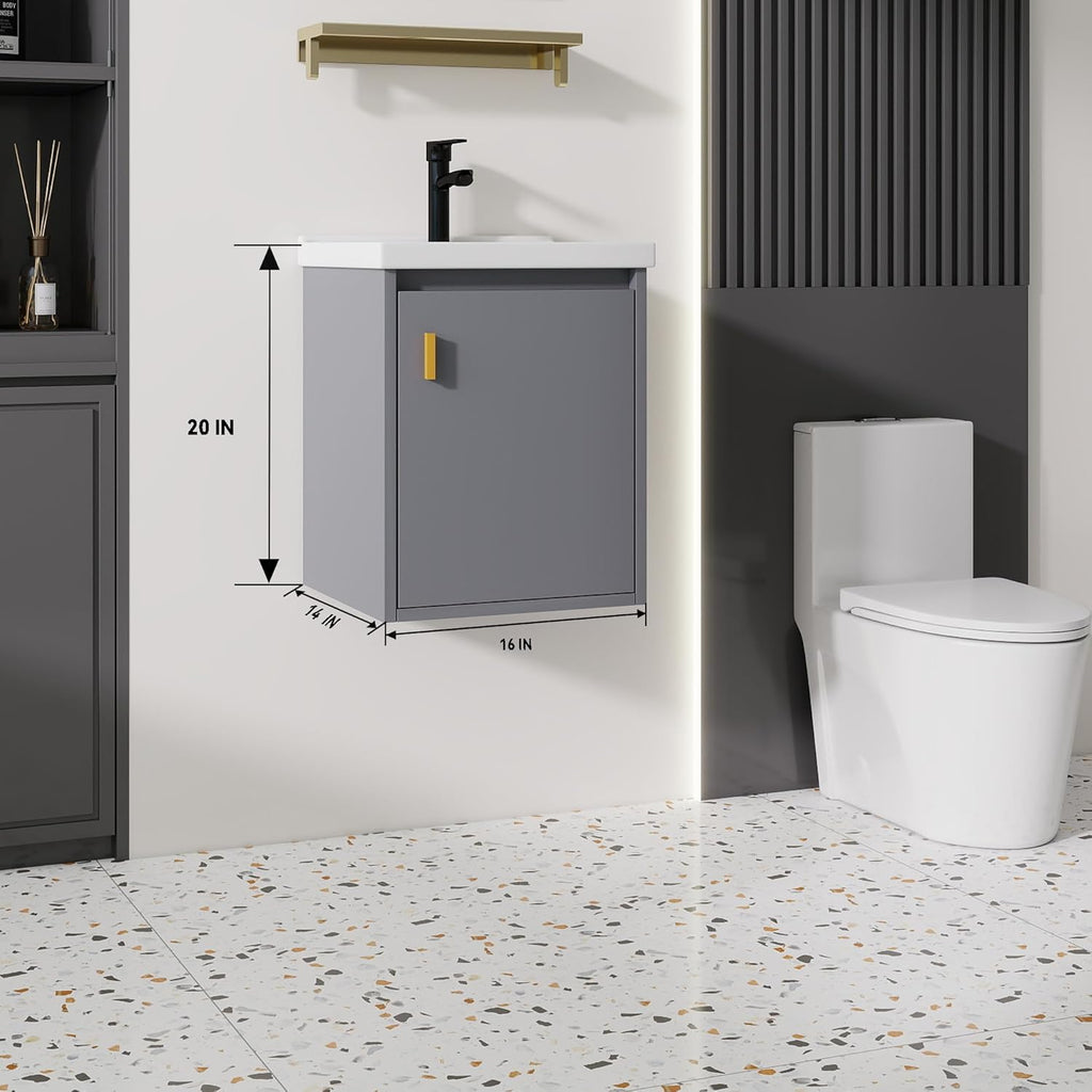 16-Inch Wall-Mounted Bathroom Vanity with Ceramic Sink – Modern Floating Small-Space Cabinet with Soft-Close Door, Pop-Up Drain & P-Trap Included, Gray (No Faucet)