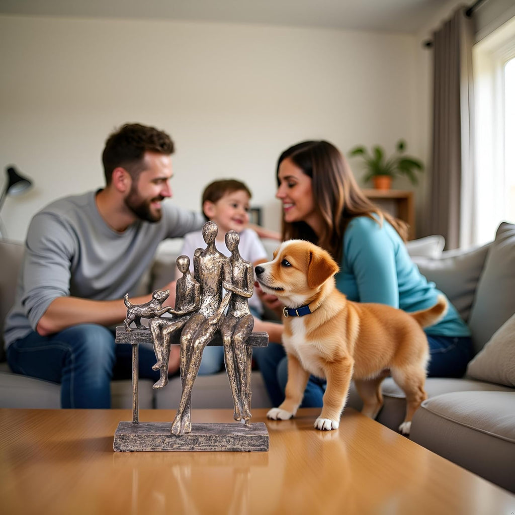 Resin Family Decorative Statue - 3-Person with Pet Dog on Bench, Warm Home Decoration or Desk, Tall 9.84in