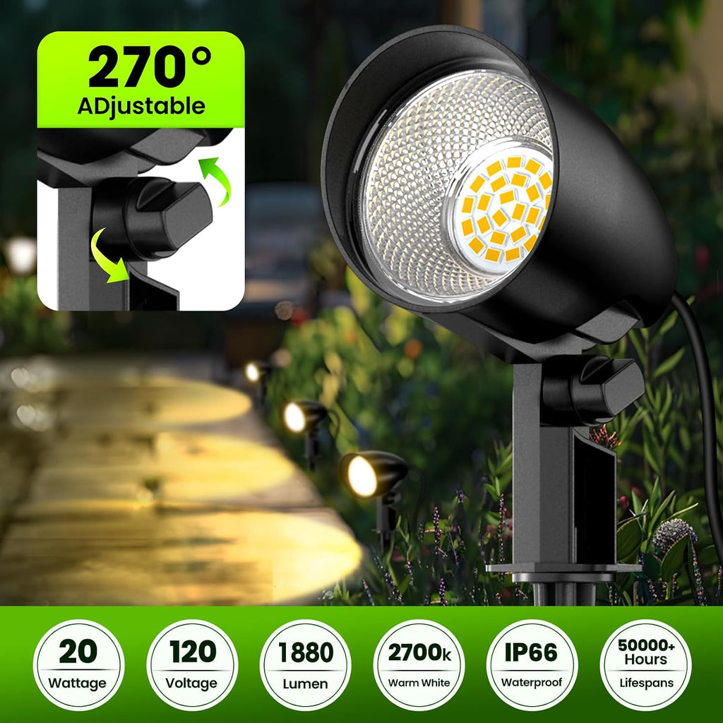 20W Outdoor Spotlight 120V Landscape Lighting, 1880LM 2700K Yard Light | Plug & Play Outside Garden Spot Lights with
