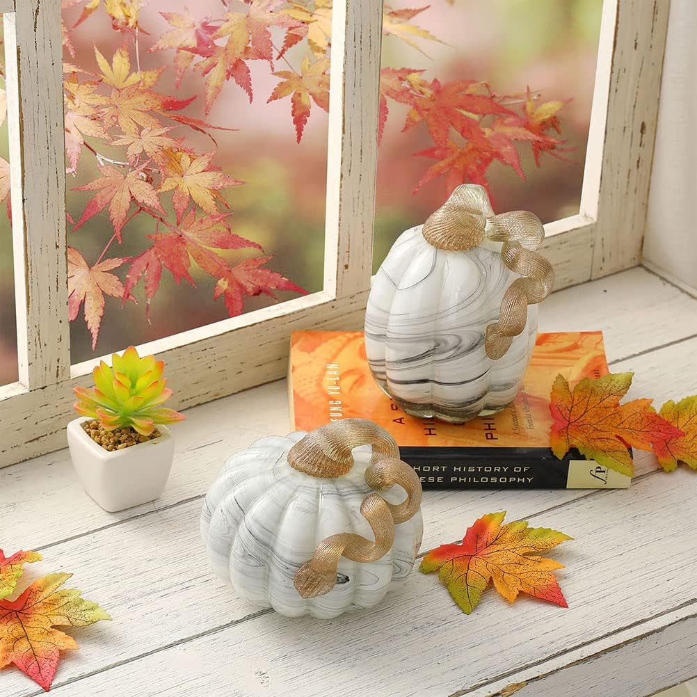 Hand Blown Glass Pumpkin Table Accent for Fall Harvest Decorating for Mother Gray Marble 4.13" H