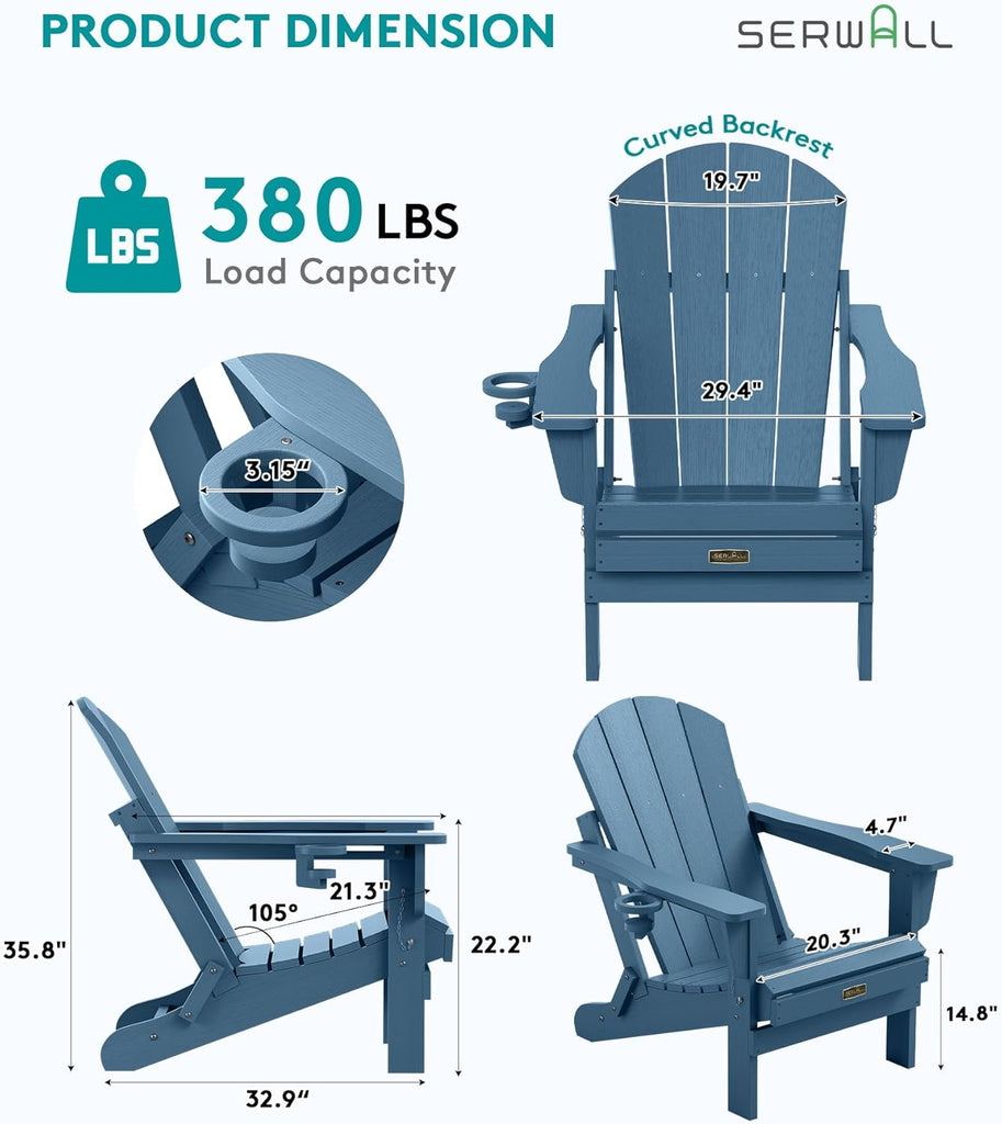 Folding Adirondack Chair Set of 4 with Cup Holder for Fire Pit-Blue | Foldable Adirondack Chairs Garden Outdoor