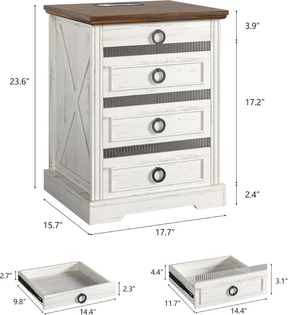 Farmhouse Night Stand Set 2 with Gun Drawer | Bedside Table with Charger Station, LED Nightstand with Human Sensor
