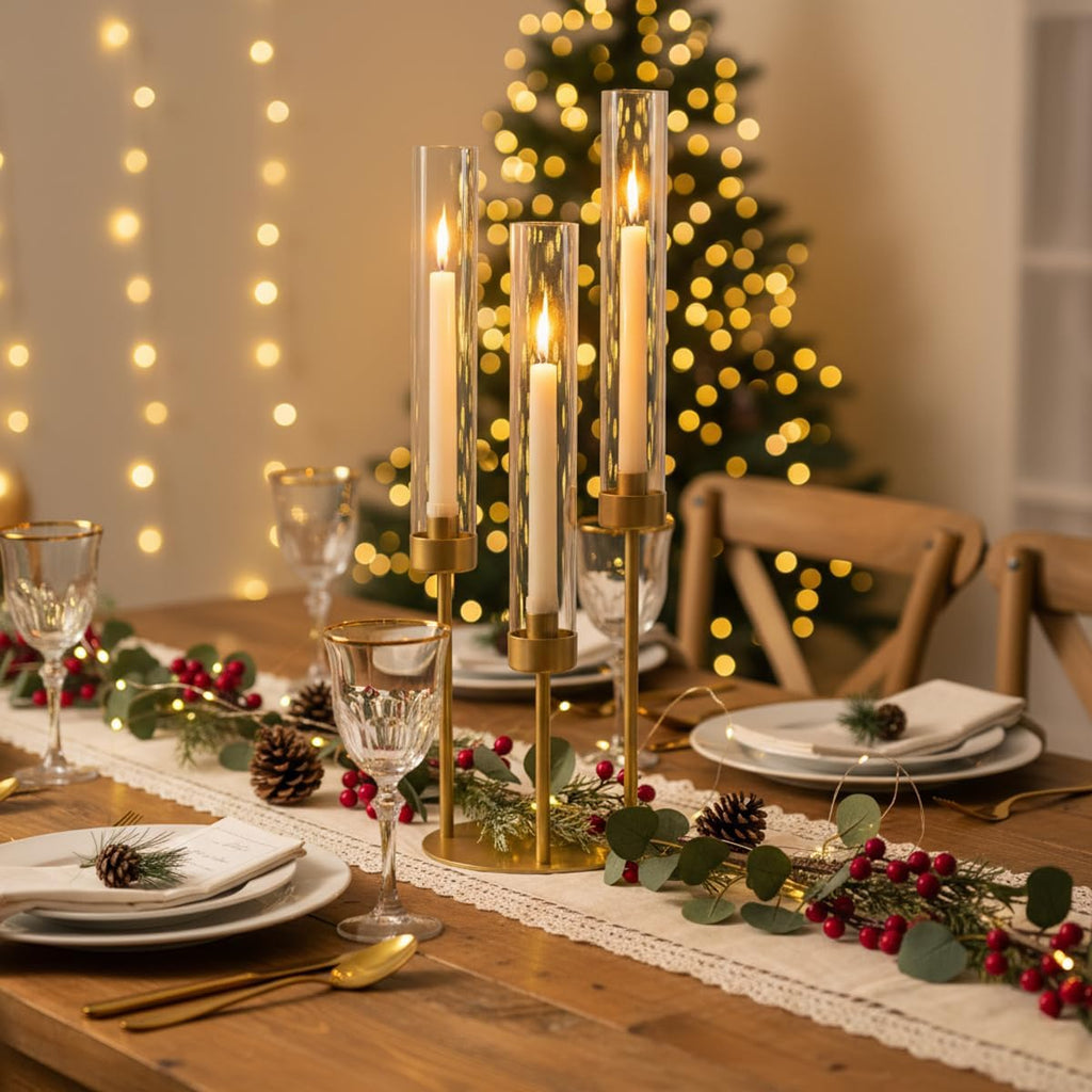 3-Arm Gold Candelabra, Tall Candle Stick Holder 23.03",Candelabras with Glass Lampshade & Heavy Base - Ideal
