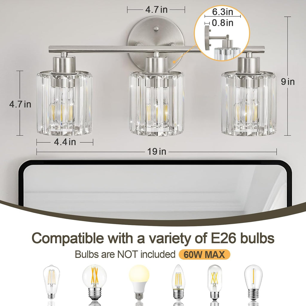 Modern Brushed Nickel Crystal Bathroom Light Fixtures,3-Light | Bathroom Lighting Fixtures over Mirror,Vanity Lights