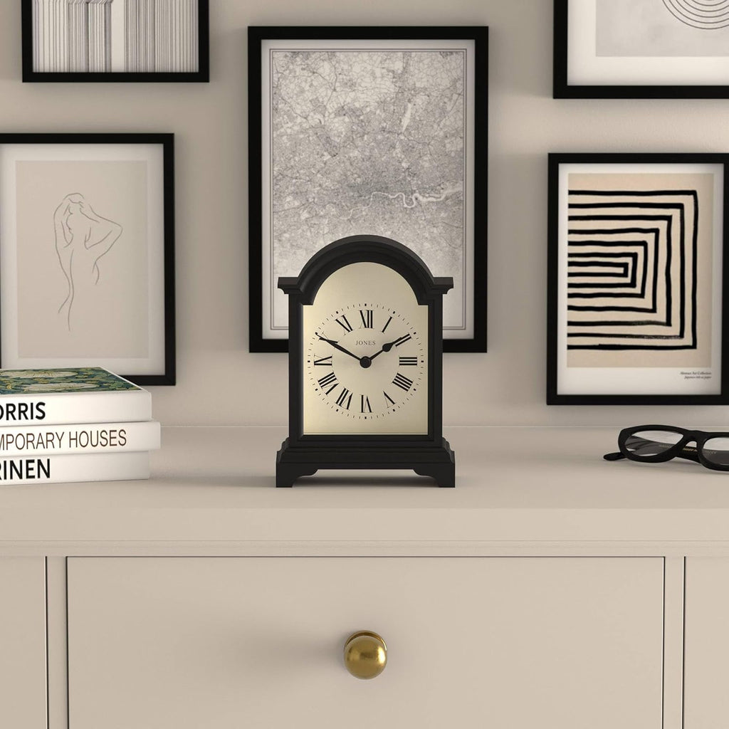 Bistro Mantel Clock - Small Classic Arch top Carriage Clock Design - Black - Contemporary Classic Style for Mantel, Desk, Table, Shelf...