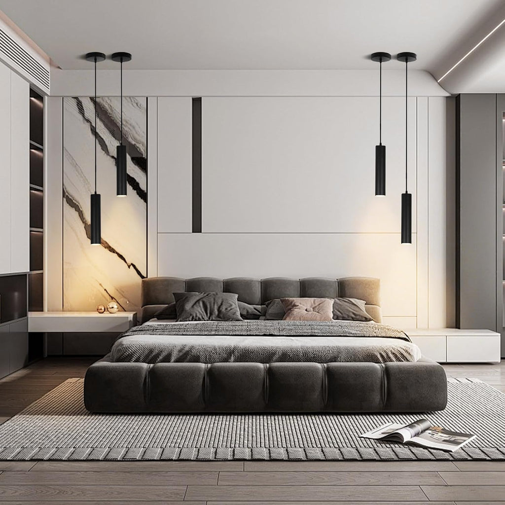 Modern Black Pendant Lights 2 Pack, LED Minimalist Pendant Lighting Fixture for Kitchen Island, Long Tube Hanging