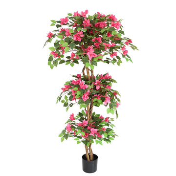 59 Inch Artificial Bougainvillea Tree, 5 Ft Tall Faux Silk Flower Plant with Tiered Canopy and Black Pot for Indoor
