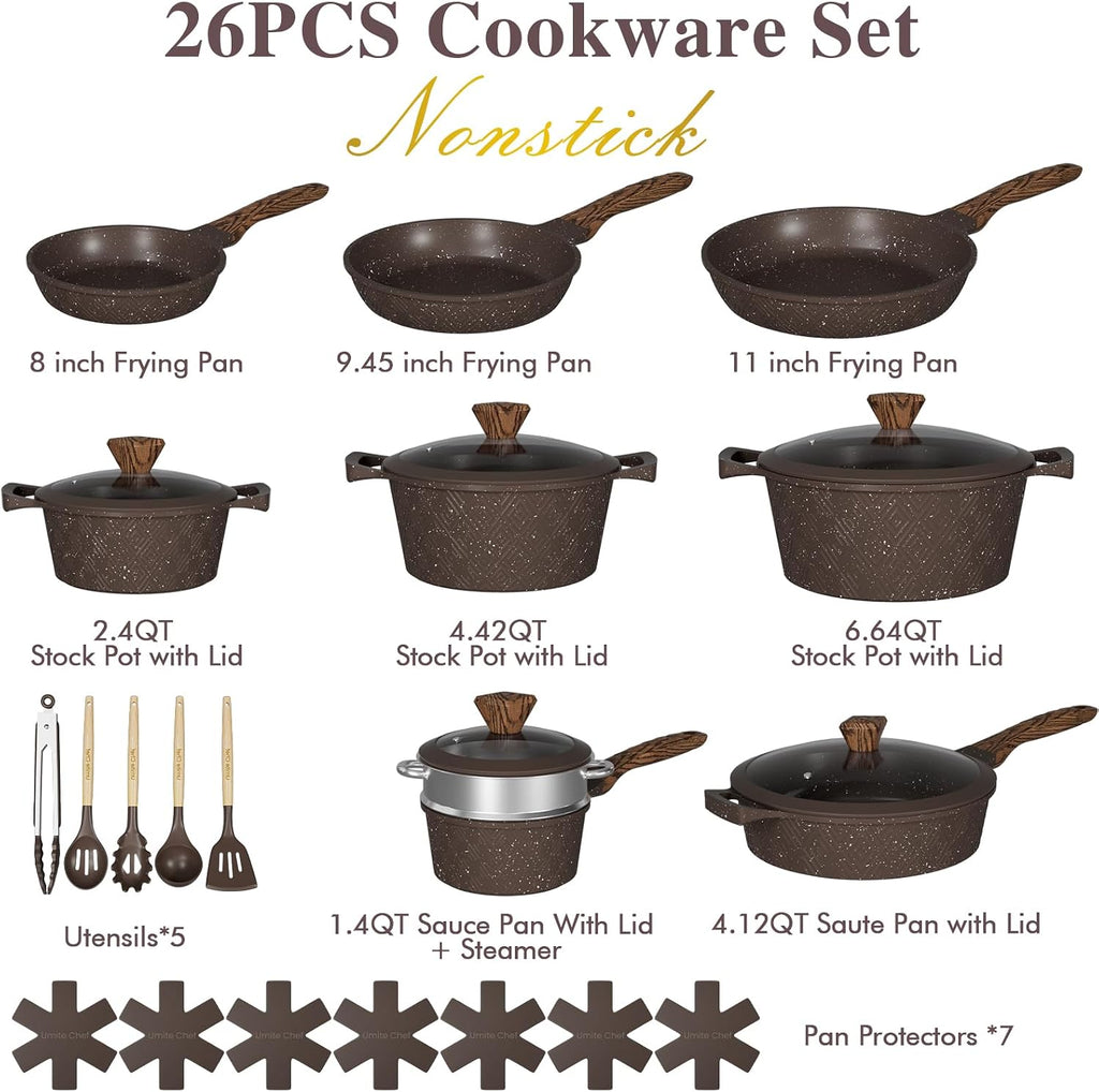 26PCS Pots and Pans Set Non Stick, Nonstick Cookware Sets, Induction Cook Ware, Includes Steamer & Silicone Utensils