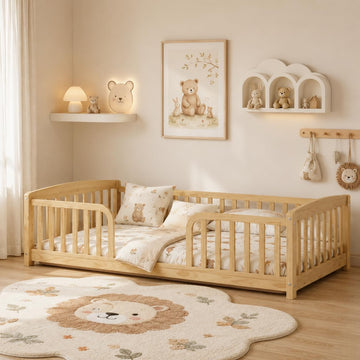 Twin Floor Bed with Rails, Pine Wood Montessori Bed with Central Entrance & Round Corner Design, Montessori Floor