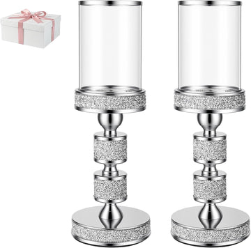 Hurricane Candle Holder, 13.5" Tall Metal Candle Stand, Glass Pillar Candle Holders, Crystal Silver Decorative