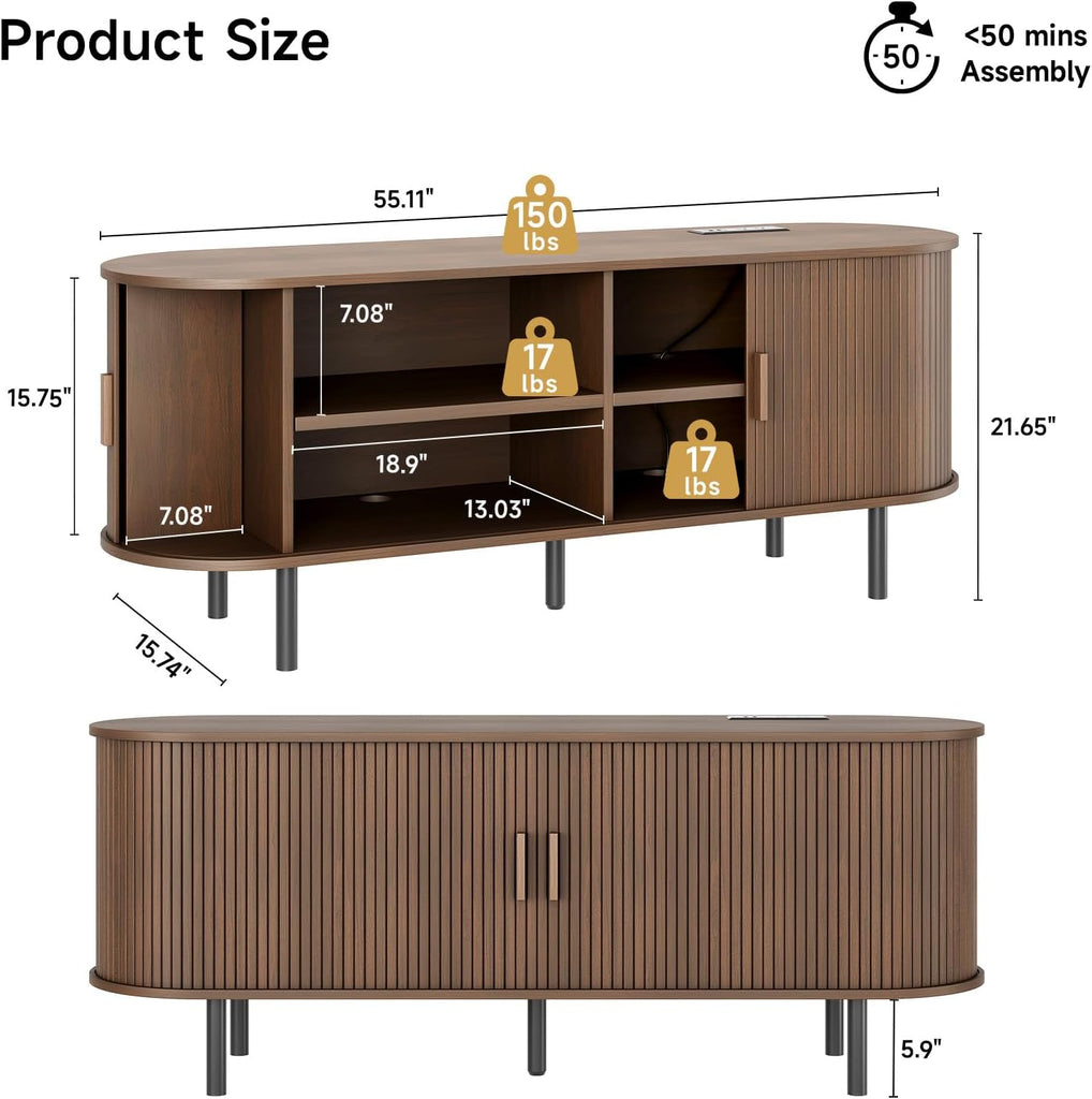 55" TV Stand with Power Outlet for TVs up to 60 Inch, Entertainment Center with Storage and Adjustable Shelves