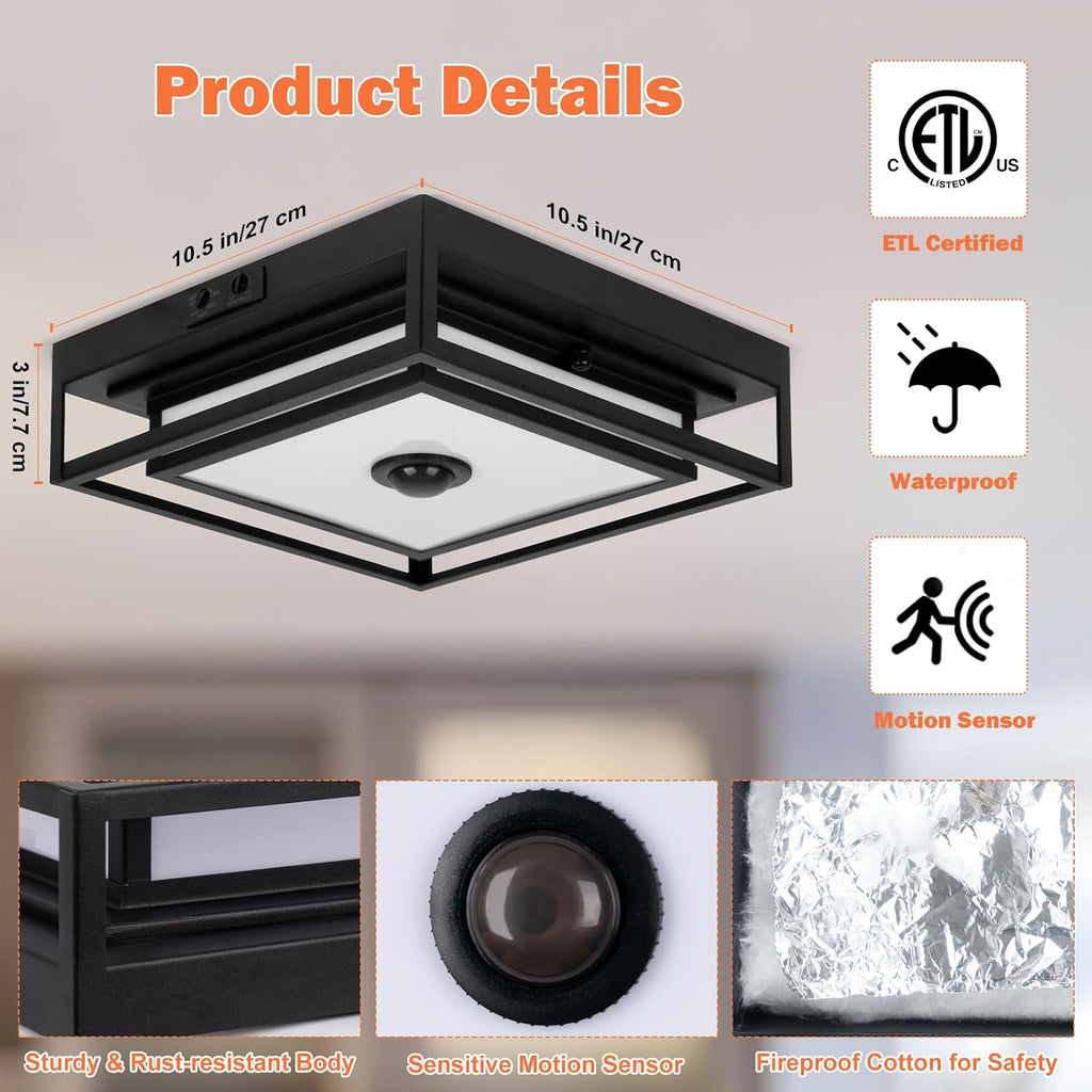 LED Motion Sensor Outdoor Ceiling Light, Modern Black Flush Mount Ceiling Light