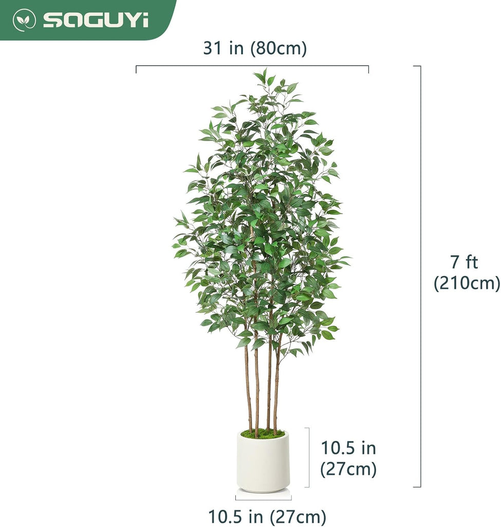 Ficus Artificial Tree 7ft Fake Silk Plant Decor Indoor, Faux Tree in White Imitation Ceramic Planter Fake Floor Plant