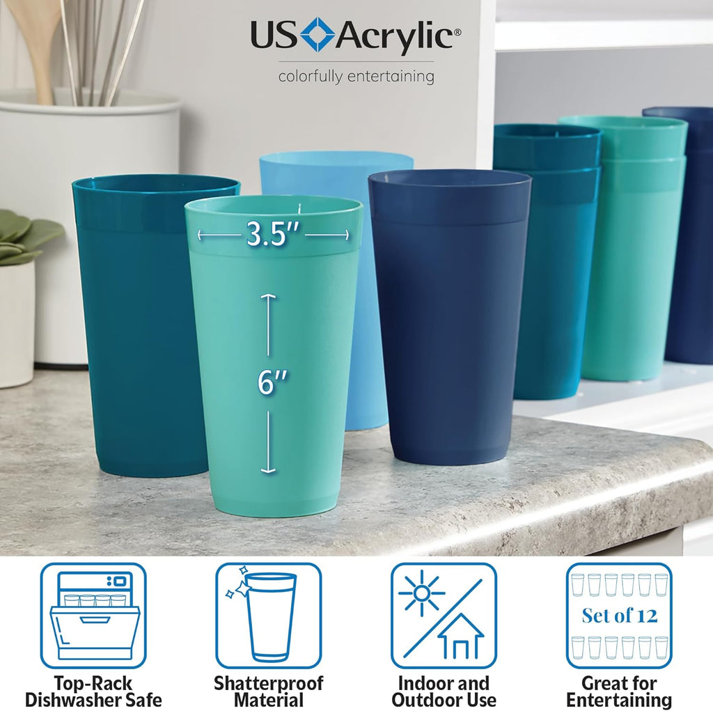 Newport 20 ounce Unbreakable Plastic Stackable Water Tumblers in 4 Coastal Colors | Set of 12 Drinking Cups |