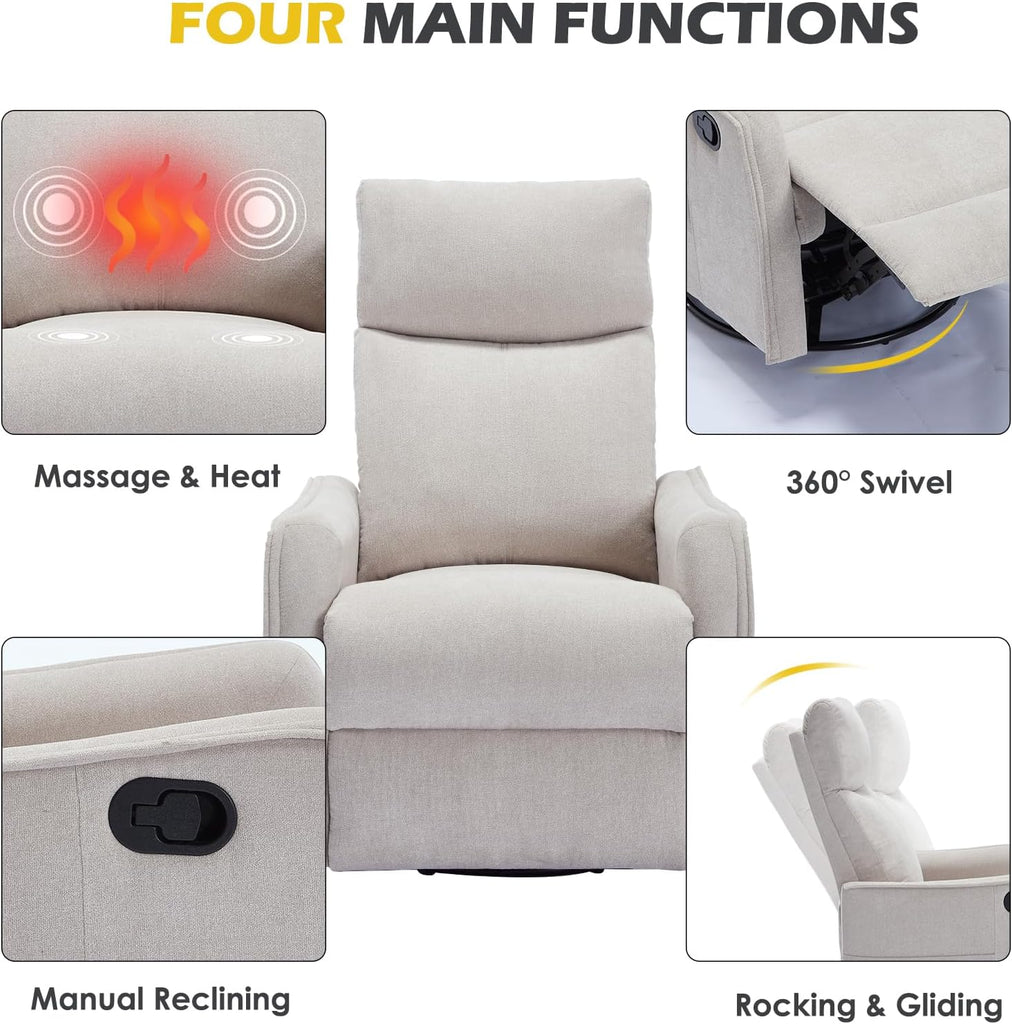 Swivel Rocker Recliner Chair, 360° Swivel Recliner with Heat and Massage, Rocker Recliner Nursery Glider Chair with