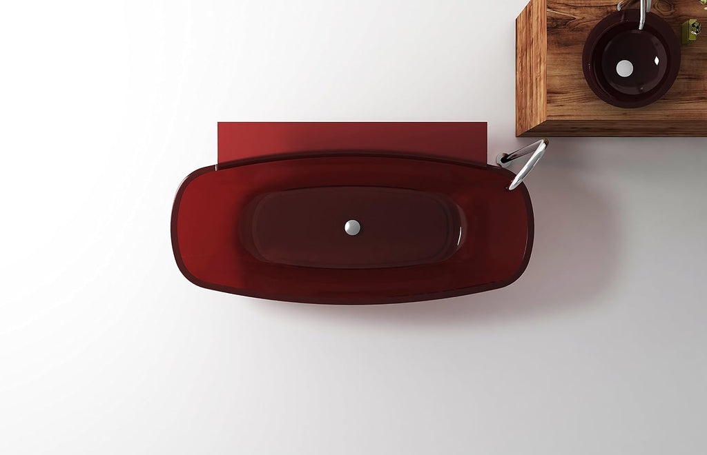 Vida 62 in Man Made Stone Round Flat Bottom Freestanding Bathtub in Translucent Deep Red, Luxury Colorful Soaking