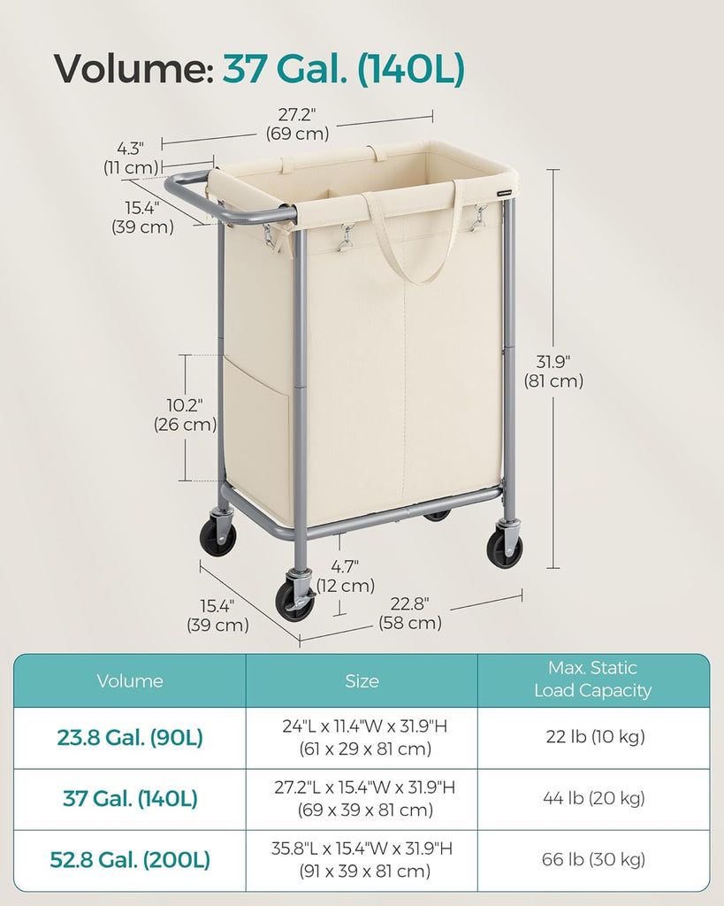 Laundry Basket with Wheels, 2-Section Rolling Laundry Hamper, 37 Gallons (140 L), Removable Liner, Steel Frame with