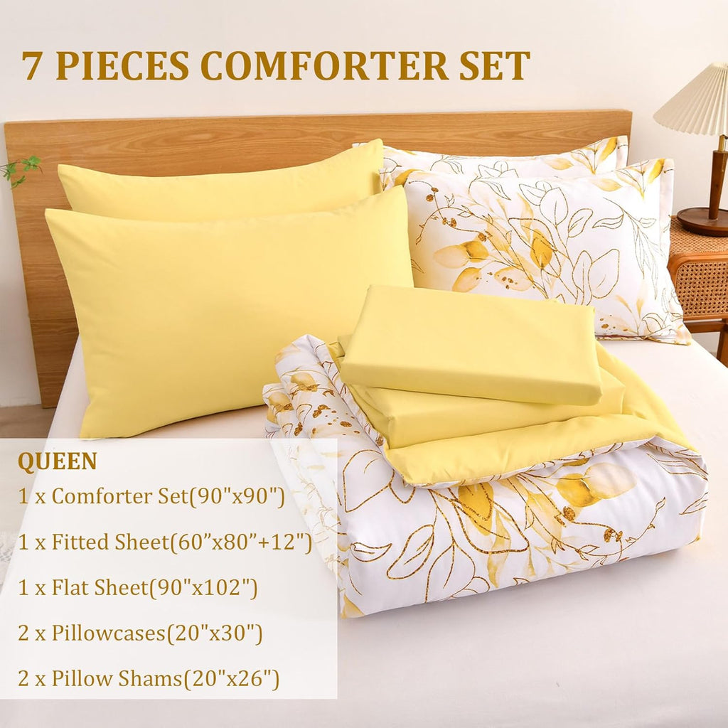 Yellow Botanical Comforter Set Queen, 7 Pieces Floral Bed in a Bag Gloden Leaves Bedding Set Soft Microfiber Queen(1