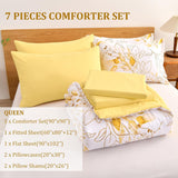 Yellow Botanical Comforter Set Queen, 7 Pieces Floral Bed in a Bag Gloden Leaves Bedding Set Soft Microfiber Queen(1