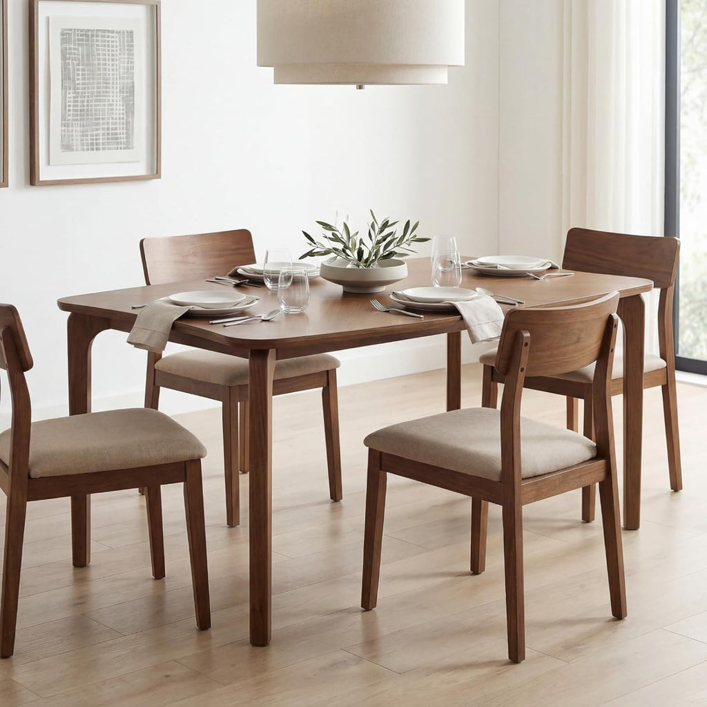 Mid-Century Modern Walnut Color Dining Table, 63" Rectangular Kitchen Table with Solid Wood Legs, Curved Edges