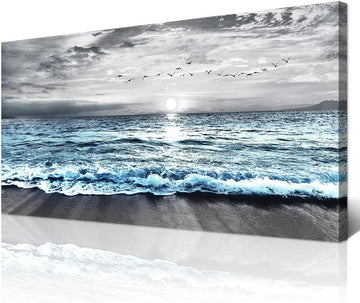 Large Canvas Wall Art Decor - Black & White Blue Sea Wave Pictures - Framed Beach Posters