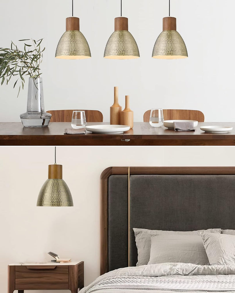 2 Pack Hammered Pendant Light Fixtures, 10.2" Vintage Metal Solid Wood Hanging Bar Lamp, Mid Century Antique Gold