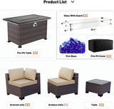 13 Pieces Outdoor Patio Furniture Set with 43" 55000BTU Gas Propane Fire Pit Table PE Wicker Rattan Sectional