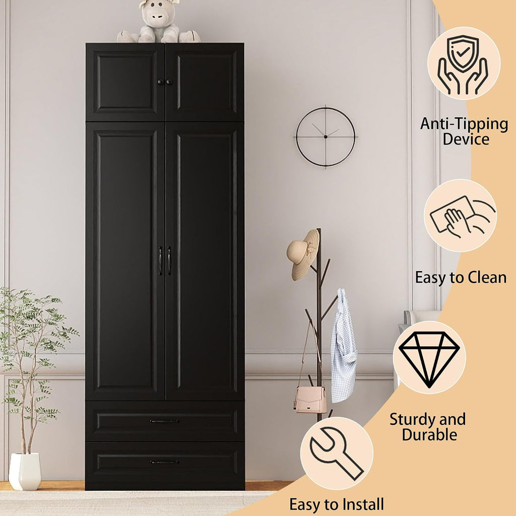 Armoire Wardrobe Closet with Drawers: Bedroom Armoires with Hanging Rod, Wooden Closet Cabinet for Hanging Clothes