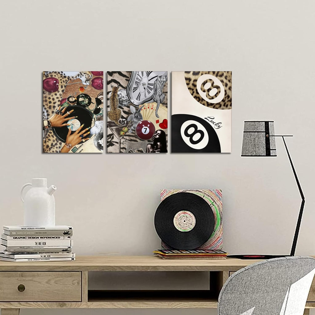 Fashion Cheetah Wall Art Set of 3 Leopard Wall Decor Pictures Lucky 8 Ball Poster Canvas Painting Prints Dark Red