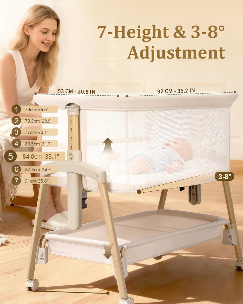 3 in 1 Baby Bassinet with Wheels, Bedside Bassinet Sleeper for Newborn, Portable Baby Crib with 7 Adjustable Height &