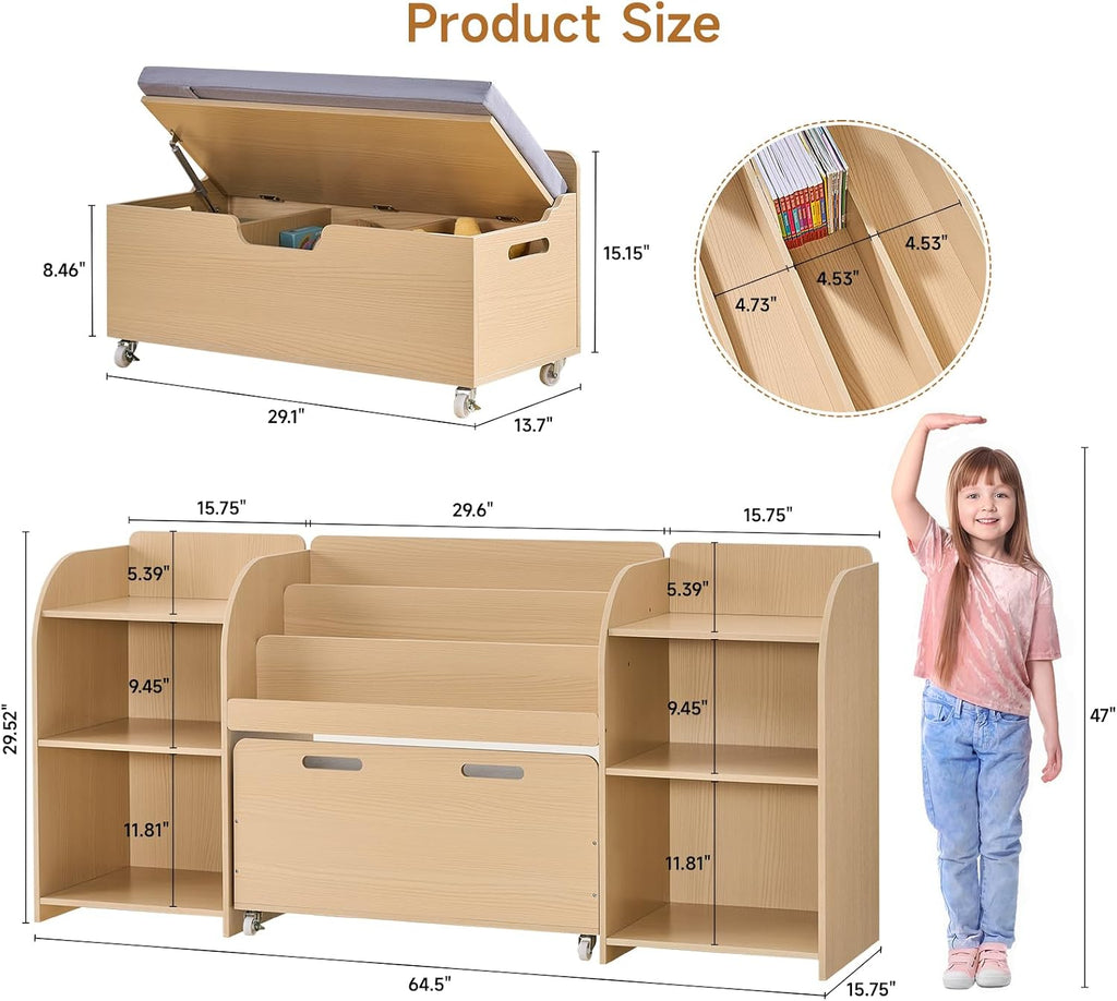 Kids Bookshelf with Reading Nook, 64.5" Toy Storage Organizer with Movable Bench with 3 Storage, Kids Bookcase with