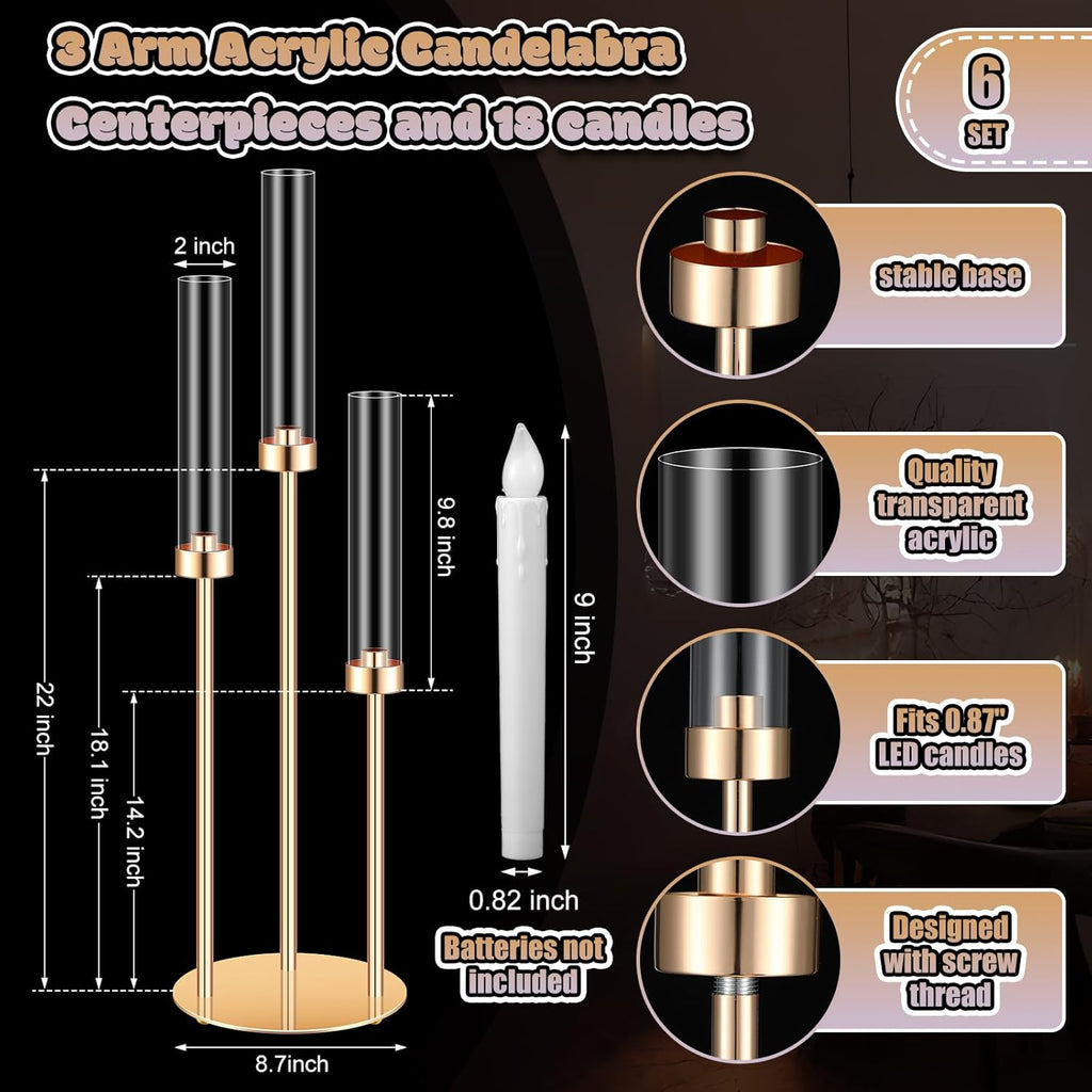 6 Sets 3 Arm Metal Candelabra Centerpiecese Holder Centerpieces with 18 LED Candles and Shade for Ceremony Birthday