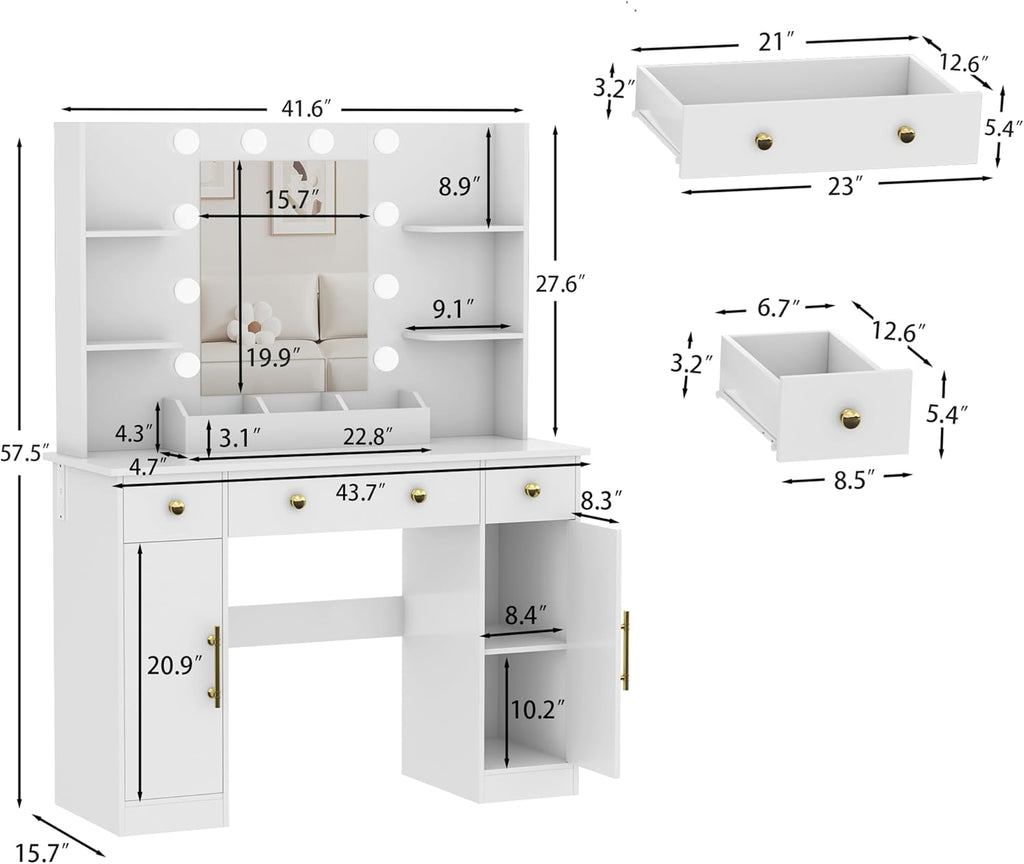 Vanity Desk with Mirror and Lights, Makeup Vanity with Mirror and LED Lights & Power Outlet, 3 Drawers and Cabinets