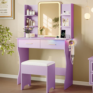 Makeup Vanity Desk with LED Lights and Mirror, Vanity Table Set with Charging Station&Cushioned Stool, 3 Lighting