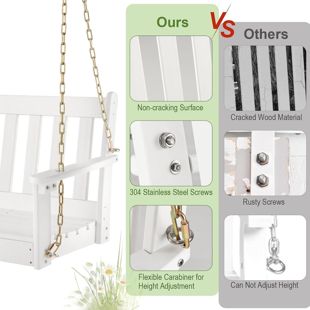 2 Person Hanging Porch Swing, Outdoor Bench Swing with Adjustable Chains, Hidden Cup Holder, HDPE Tree Swing Chair
