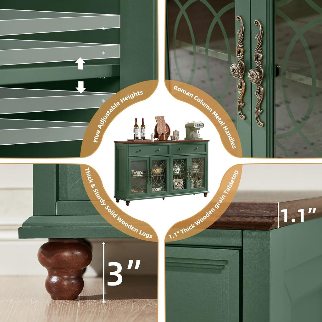Farmhouse Sideboard Buffet Cabinet with Storage,Adjustable Shelves Console Table,59" Large Credenza with 4 Glass Doors