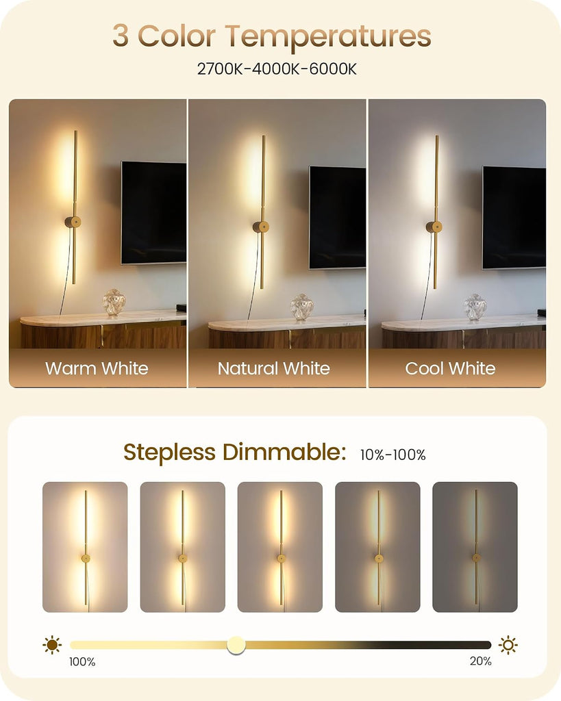 33" Wall Sconces Set of 2 with Remote Control, Dimming & 3 Color Temperatures, Plug-in Gold Wall Lights for Bedroom