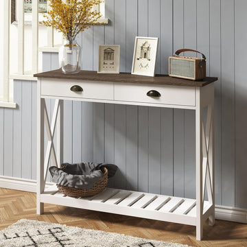 Farmhouse Console Table with Drawer , Narrow Long Entry Table with Shelf , Rustic Vintage Hallway Sofa Table with