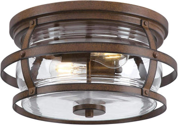 Weatherby 14 Inch Rustic/Arts & Crafts Two-Light Outdoor Flush Mount Ceiling Light, Barnwood Finish, Clear Glass, bronze