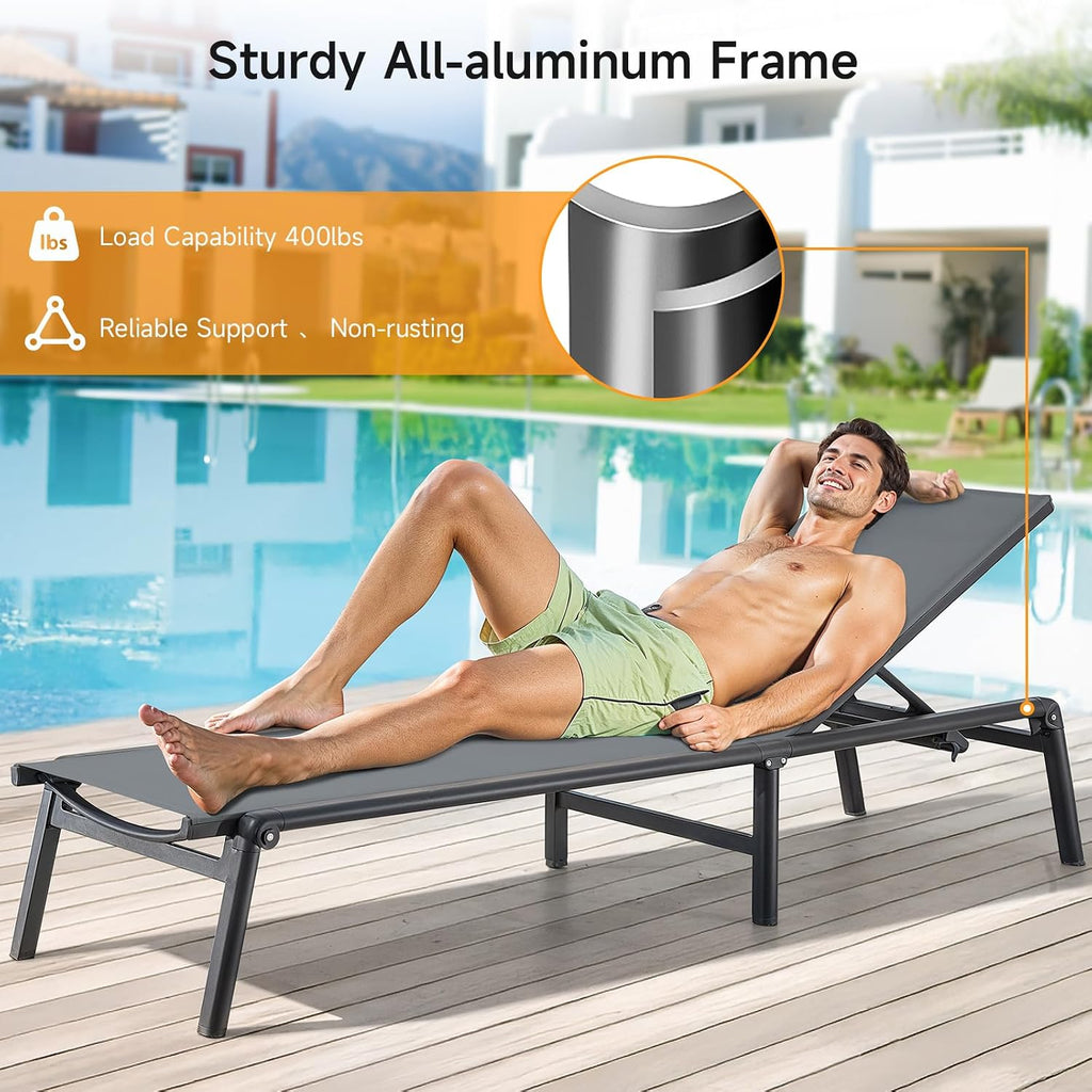 Aluminum Chaise Lounge Chair Outdoor for Outside Poolside, 1PC, Grey | Foldable & Assembly Free Outdoor Lounge Chair