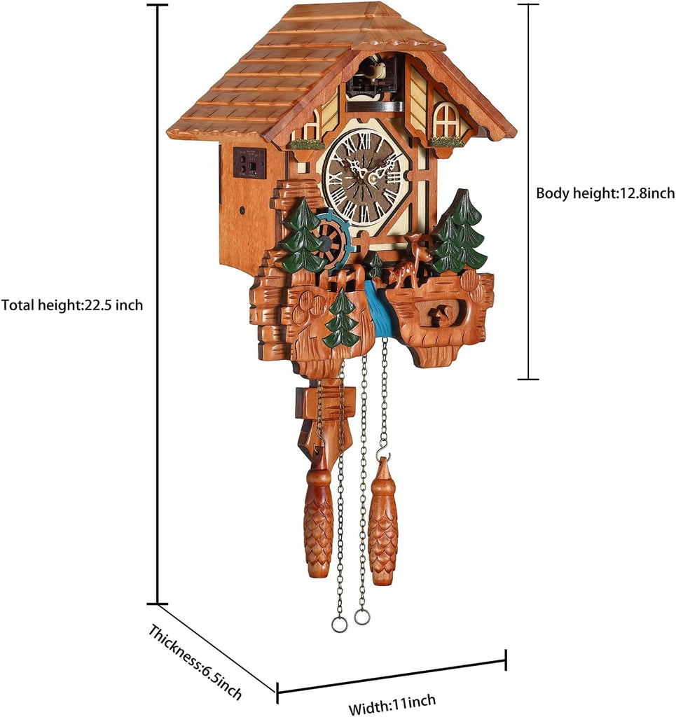 Kintrot Cuckoo Clock, Handcrafted Traditional Black Forest Chalet Style Wooden Wall Clock with Singing Bird, Rotating Waterwheel, and 12...