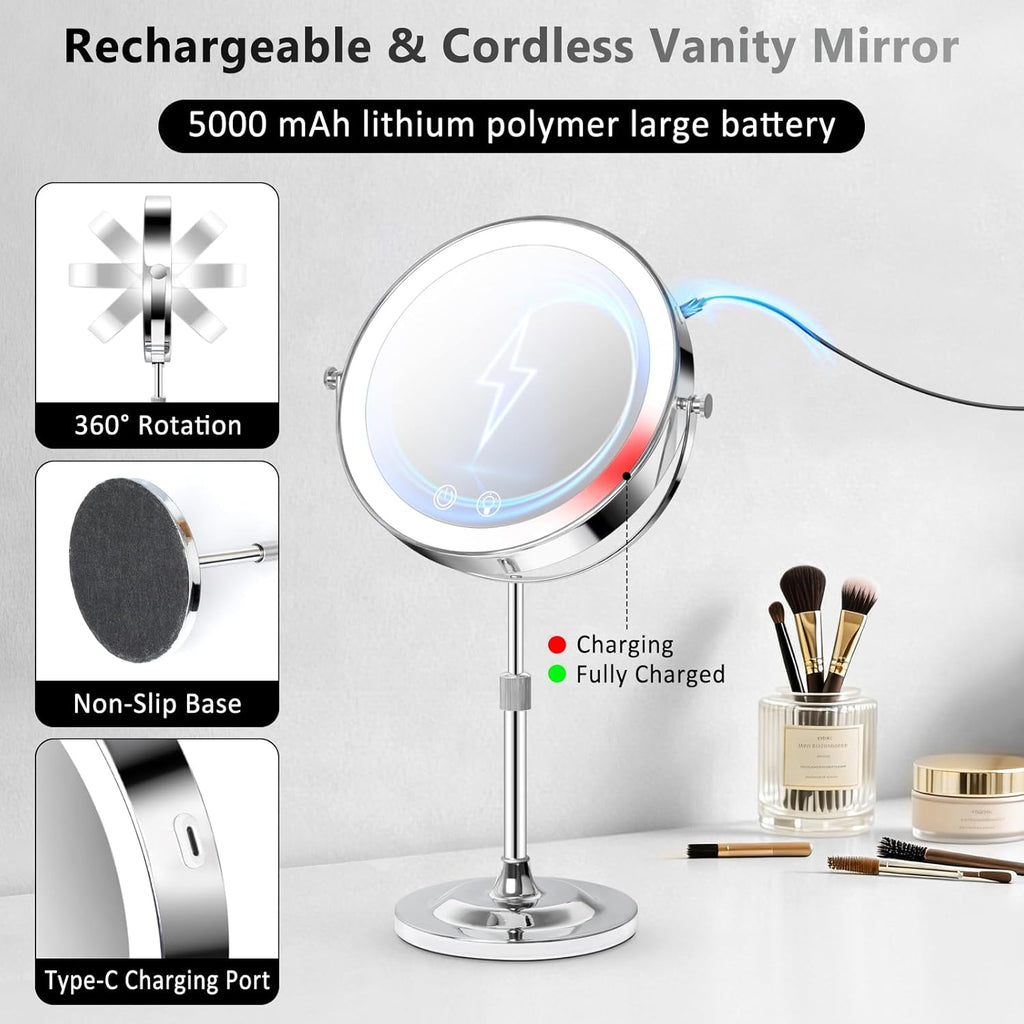 9" Makeup Mirror with Lights,5000mAh Rechargeable Vanity Mirror,1X/10X Double Sided Magnifying Mirror with Adjustable