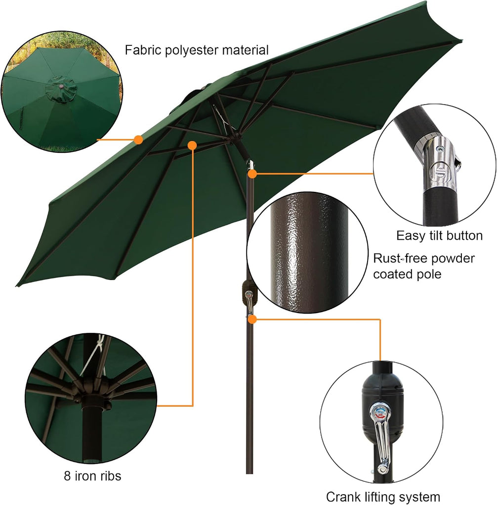 9' Outdoor Patio Umbrella, Outdoor Table Umbrella, Yard Umbrella, Market Umbrella with 8 Sturdy Ribs - Dark Green